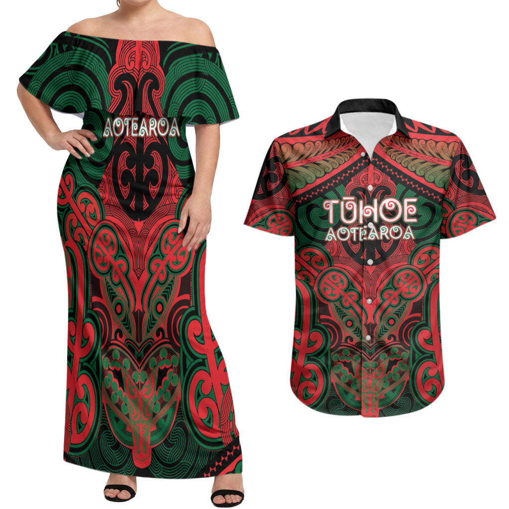 Aotearoa Iwi Tuhoe Personalised Couples Matching Off Shoulder Maxi Dress and Hawaiian Shirt Maori Kowhaiwhai Pattern