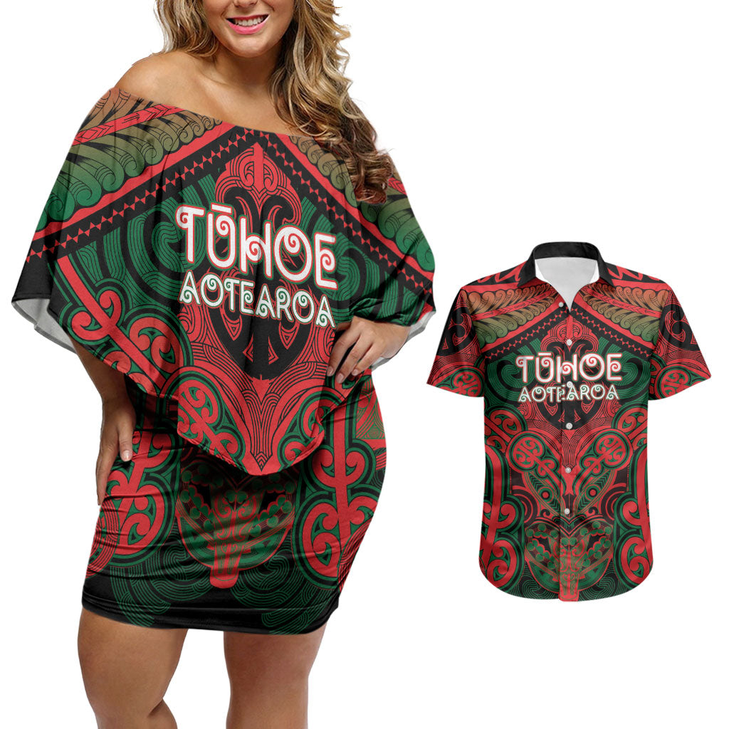 Aotearoa Iwi Tuhoe Personalised Couples Matching Off Shoulder Short Dress and Hawaiian Shirt Maori Kowhaiwhai Pattern