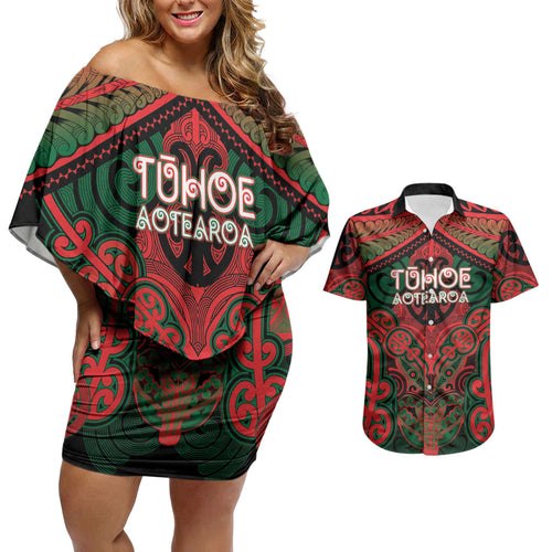 Aotearoa Iwi Tuhoe Personalised Couples Matching Off Shoulder Short Dress and Hawaiian Shirt Maori Kowhaiwhai Pattern