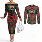 Aotearoa Iwi Tuhoe Personalised Couples Matching Off The Shoulder Long Sleeve Dress and Long Sleeve Button Shirt Maori Kowhaiwhai Pattern