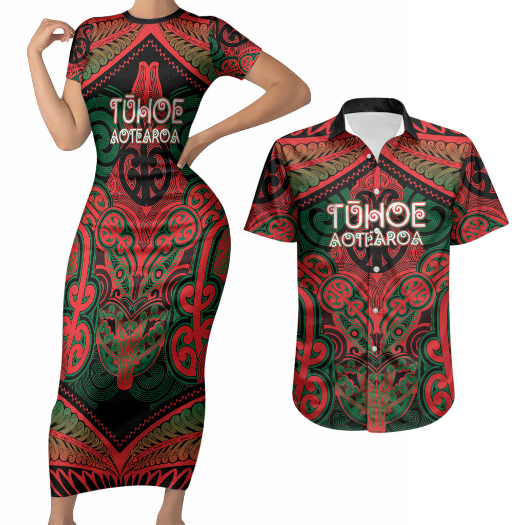 Aotearoa Iwi Tuhoe Personalised Couples Matching Short Sleeve Bodycon Dress and Hawaiian Shirt Maori Kowhaiwhai Pattern