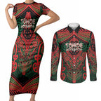 Aotearoa Iwi Tuhoe Personalised Couples Matching Short Sleeve Bodycon Dress and Long Sleeve Button Shirt Maori Kowhaiwhai Pattern