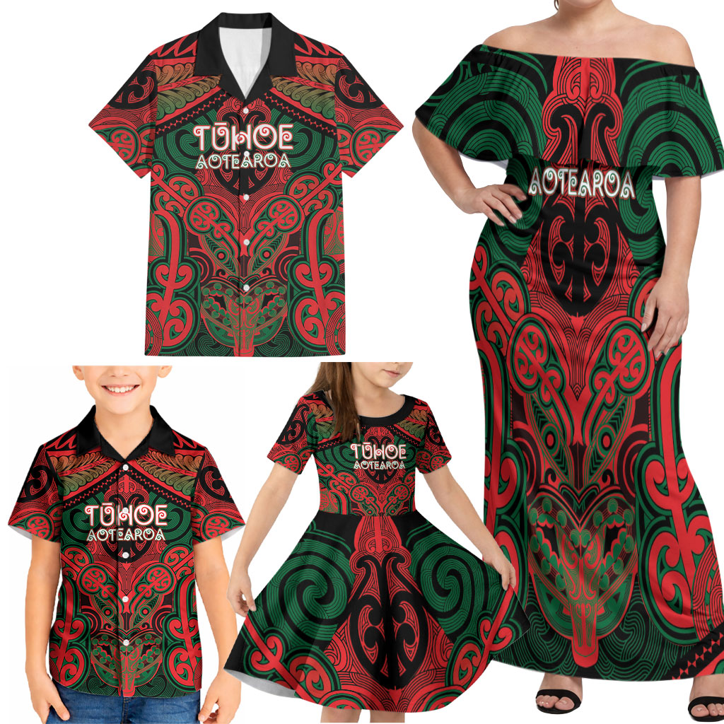 Aotearoa Iwi Tuhoe Personalised Family Matching Off Shoulder Maxi Dress and Hawaiian Shirt Maori Kowhaiwhai Pattern