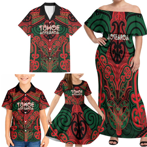 Aotearoa Iwi Tuhoe Personalised Family Matching Off Shoulder Maxi Dress and Hawaiian Shirt Maori Kowhaiwhai Pattern
