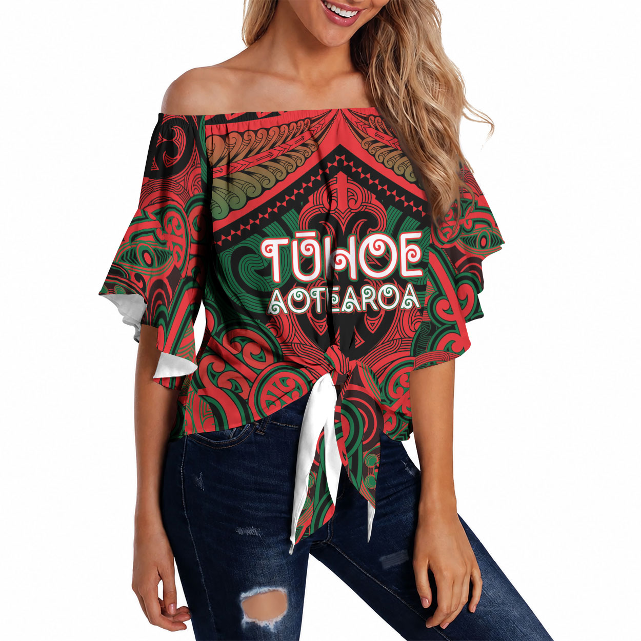 Aotearoa Iwi Tuhoe Personalised Off Shoulder Wrap Waist Top Maori Kowhaiwhai Pattern