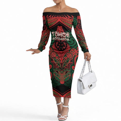 Aotearoa Iwi Tuhoe Personalised Off The Shoulder Long Sleeve Dress Maori Kowhaiwhai Pattern