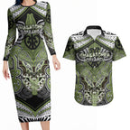 Aotearoa Iwi Whakatohea Personalised Couples Matching Long Sleeve Bodycon Dress and Hawaiian Shirt Maori Kowhaiwhai Pattern
