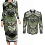 Aotearoa Iwi Whakatohea Personalised Couples Matching Long Sleeve Bodycon Dress and Long Sleeve Button Shirt Maori Kowhaiwhai Pattern