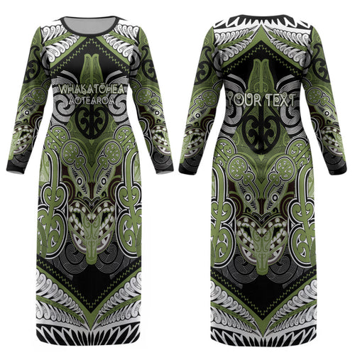 Aotearoa Iwi Whakatohea Personalised Couples Matching Long Sleeve Bodycon Dress and Long Sleeve Button Shirt Maori Kowhaiwhai Pattern