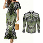 Aotearoa Iwi Whakatohea Personalised Couples Matching Mermaid Dress and Long Sleeve Button Shirt Maori Kowhaiwhai Pattern
