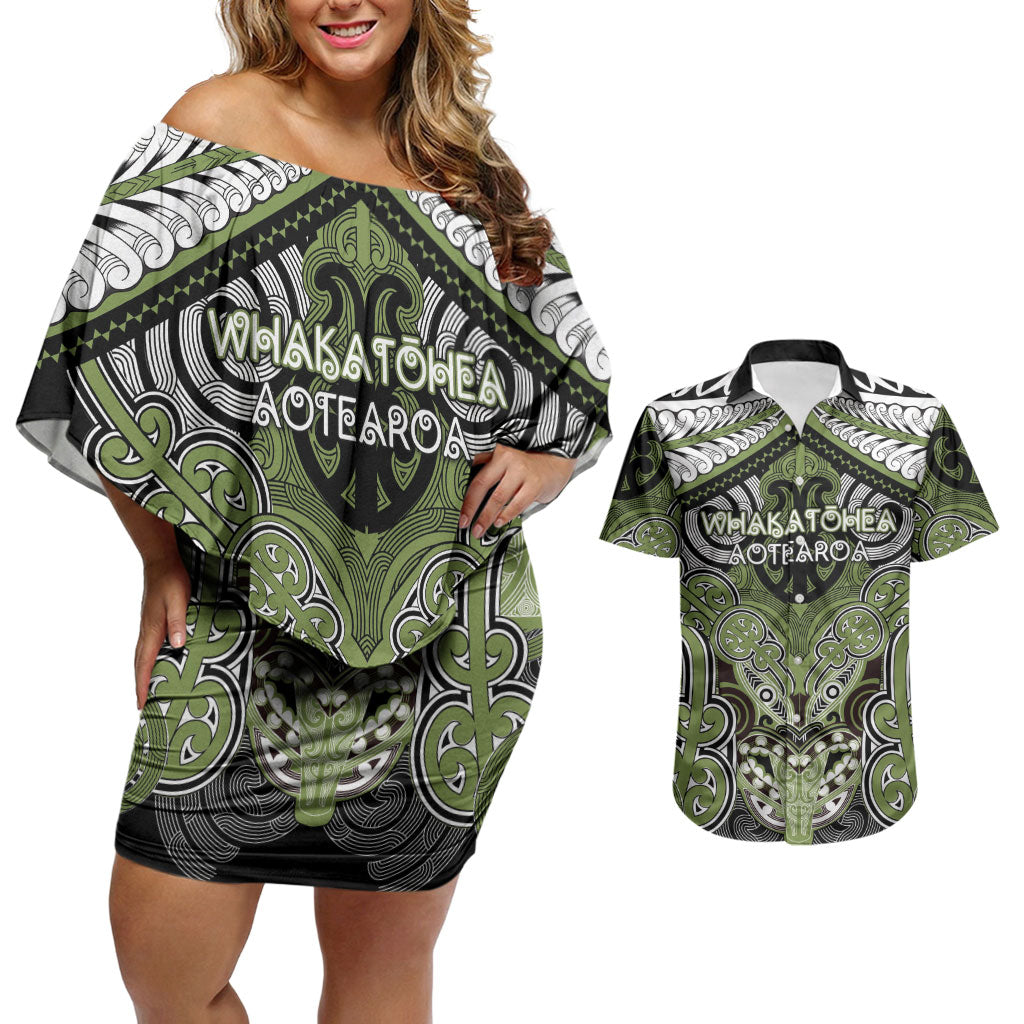 Aotearoa Iwi Whakatohea Personalised Couples Matching Off Shoulder Short Dress and Hawaiian Shirt Maori Kowhaiwhai Pattern