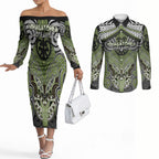 Aotearoa Iwi Whakatohea Personalised Couples Matching Off The Shoulder Long Sleeve Dress and Long Sleeve Button Shirt Maori Kowhaiwhai Pattern