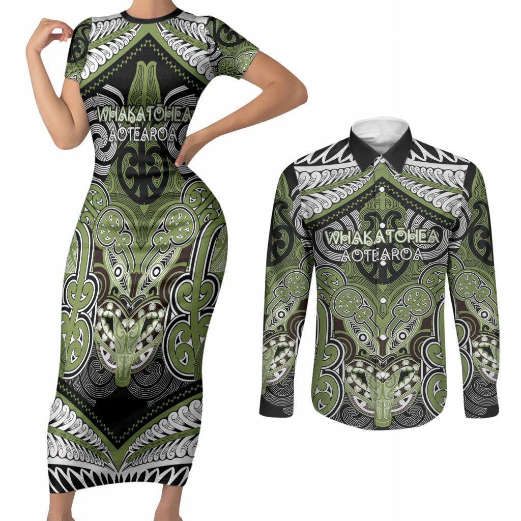 Aotearoa Iwi Whakatohea Personalised Couples Matching Short Sleeve Bodycon Dress and Long Sleeve Button Shirt Maori Kowhaiwhai Pattern