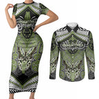 Aotearoa Iwi Whakatohea Personalised Couples Matching Short Sleeve Bodycon Dress and Long Sleeve Button Shirt Maori Kowhaiwhai Pattern