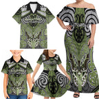 Aotearoa Iwi Whakatohea Personalised Family Matching Off Shoulder Maxi Dress and Hawaiian Shirt Maori Kowhaiwhai Pattern