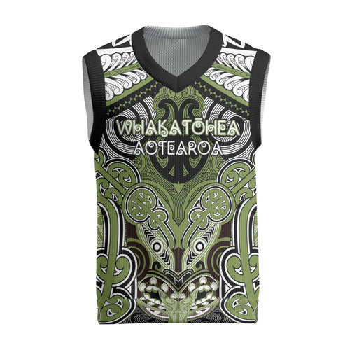 Aotearoa Iwi Whakatohea Personalised Christmas Knitted V-Neck Vest Maori Kowhaiwhai Pattern