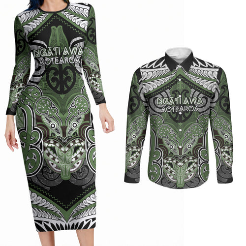 Aotearoa Iwi Ngati Awa Personalised Couples Matching Long Sleeve Bodycon Dress and Long Sleeve Button Shirt Maori Kowhaiwhai Pattern