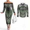 Aotearoa Iwi Ngati Awa Personalised Couples Matching Off The Shoulder Long Sleeve Dress and Long Sleeve Button Shirt Maori Kowhaiwhai Pattern