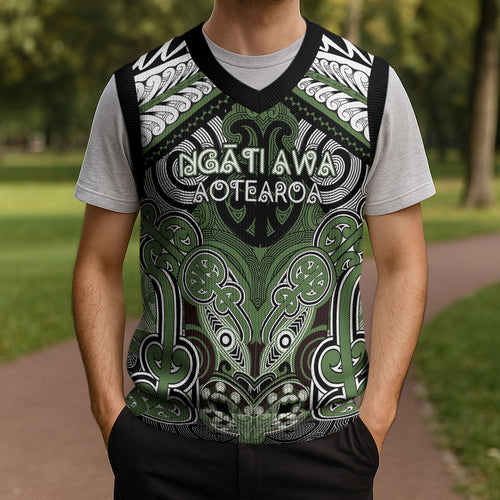 Aotearoa Iwi Ngati Awa Personalised Christmas Knitted V-Neck Vest Maori Kowhaiwhai Pattern