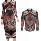 Aotearoa Iwi Rongowhakaata Personalised Couples Matching Long Sleeve Bodycon Dress and Long Sleeve Button Shirt Maori Kowhaiwhai Pattern