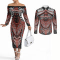Aotearoa Iwi Rongowhakaata Personalised Couples Matching Off The Shoulder Long Sleeve Dress and Long Sleeve Button Shirt Maori Kowhaiwhai Pattern