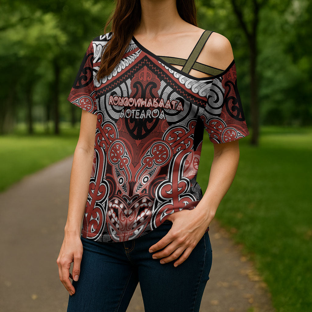 Aotearoa Iwi Rongowhakaata Personalised Cross Shoulder Shirt Maori Kowhaiwhai Pattern
