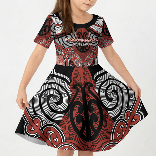 Aotearoa Iwi Rongowhakaata Personalised Kid Short Sleeve Dress Maori Kowhaiwhai Pattern
