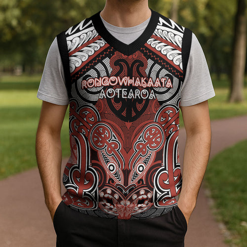 Aotearoa Iwi Rongowhakaata Personalised Christmas Knitted V-Neck Vest Maori Kowhaiwhai Pattern