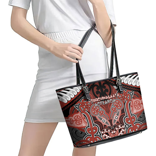 Aotearoa Iwi Rongowhakaata Leather Tote Bag Maori Kowhaiwhai Pattern