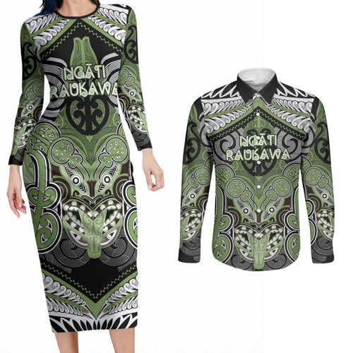 Aotearoa Iwi Ngati Raukawa Personalised Couples Matching Long Sleeve Bodycon Dress and Long Sleeve Button Shirt Maori Kowhaiwhai Pattern