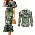 Aotearoa Iwi Ngati Raukawa Personalised Couples Matching Mermaid Dress and Long Sleeve Button Shirt Maori Kowhaiwhai Pattern