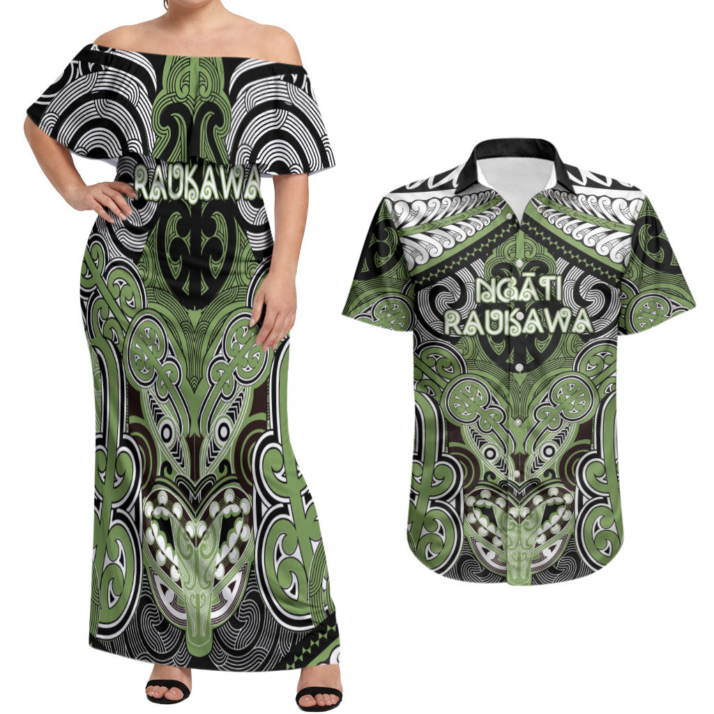 Aotearoa Iwi Ngati Raukawa Personalised Couples Matching Off Shoulder Maxi Dress and Hawaiian Shirt Maori Kowhaiwhai Pattern