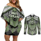 Aotearoa Iwi Ngati Raukawa Personalised Couples Matching Off Shoulder Short Dress and Long Sleeve Button Shirt Maori Kowhaiwhai Pattern
