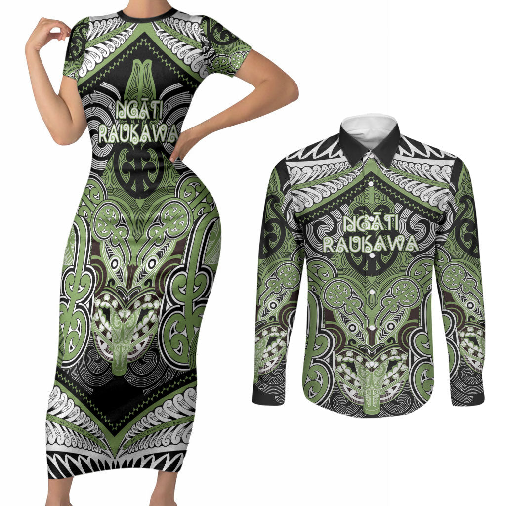 Aotearoa Iwi Ngati Raukawa Personalised Couples Matching Short Sleeve Bodycon Dress and Long Sleeve Button Shirt Maori Kowhaiwhai Pattern
