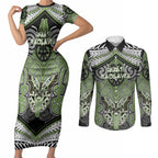 Aotearoa Iwi Ngati Raukawa Personalised Couples Matching Short Sleeve Bodycon Dress and Long Sleeve Button Shirt Maori Kowhaiwhai Pattern