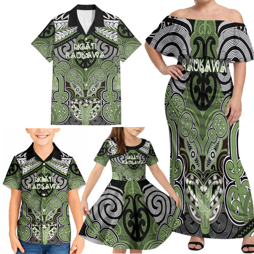 Aotearoa Iwi Ngati Raukawa Personalised Family Matching Off Shoulder Maxi Dress and Hawaiian Shirt Maori Kowhaiwhai Pattern