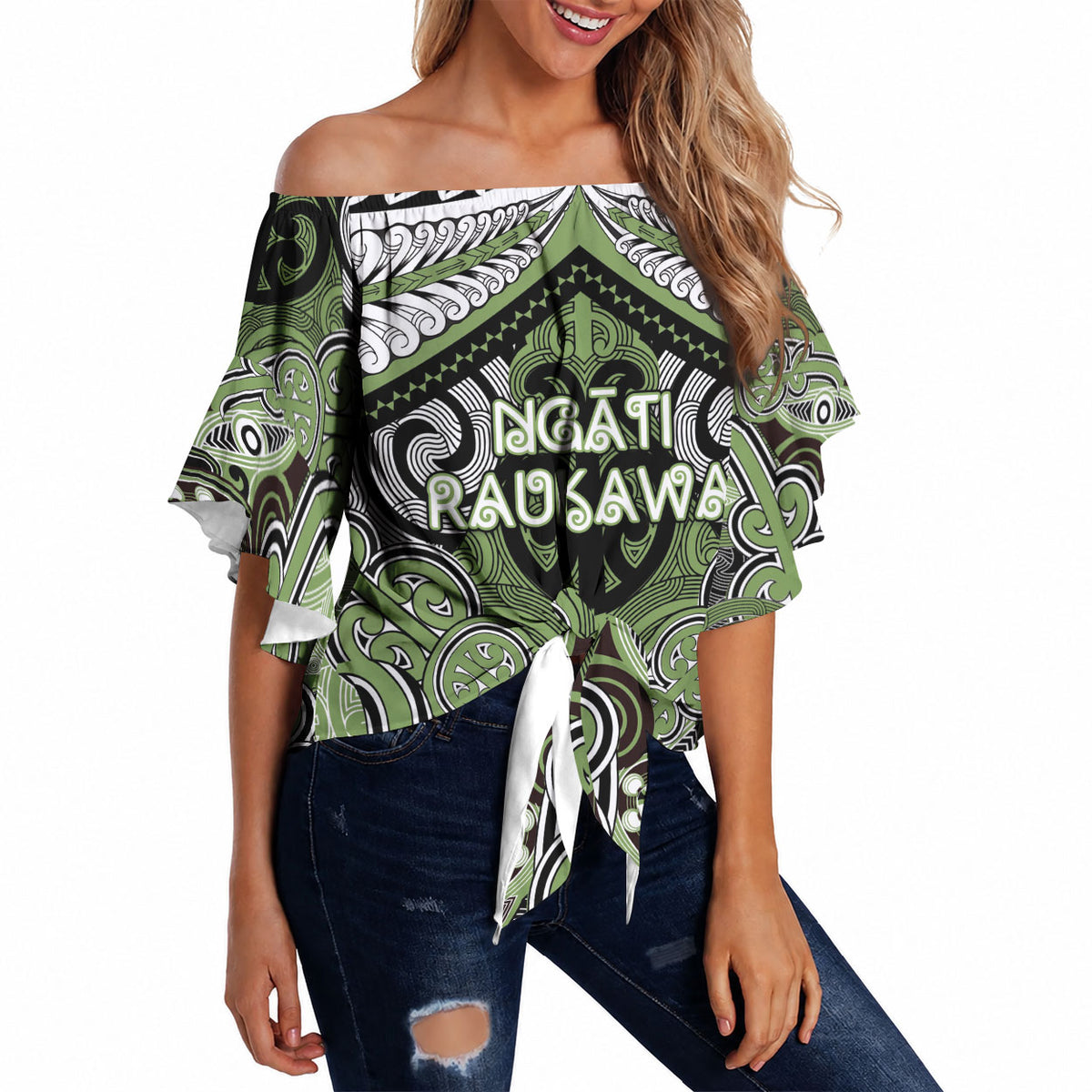 Aotearoa Iwi Ngati Raukawa Personalised Off Shoulder Wrap Waist Top Maori Kowhaiwhai Pattern
