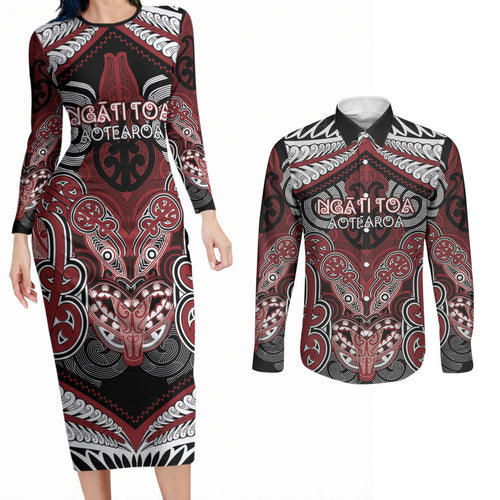 Aotearoa Iwi Ngati Toa Personalised Couples Matching Long Sleeve Bodycon Dress and Long Sleeve Button Shirt Maori Kowhaiwhai Pattern