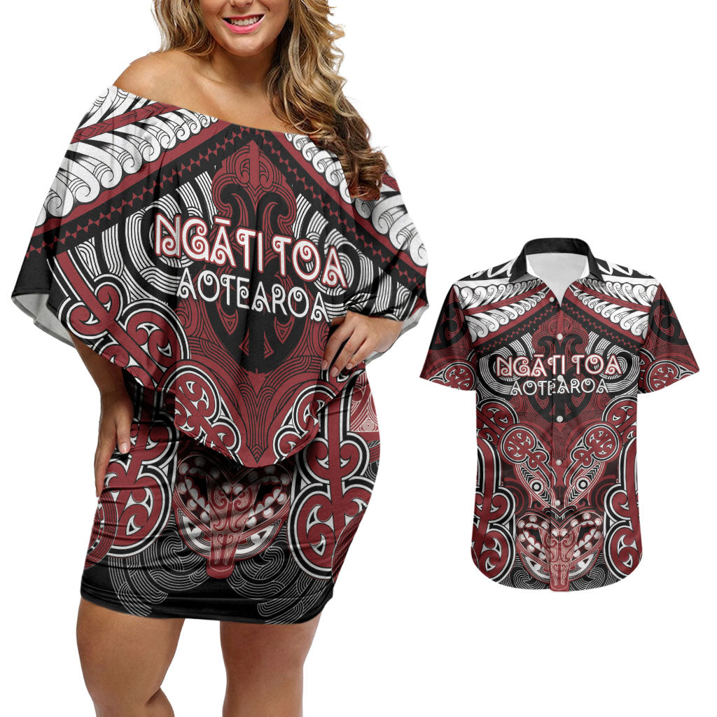 Aotearoa Iwi Ngati Toa Personalised Couples Matching Off Shoulder Short Dress and Hawaiian Shirt Maori Kowhaiwhai Pattern