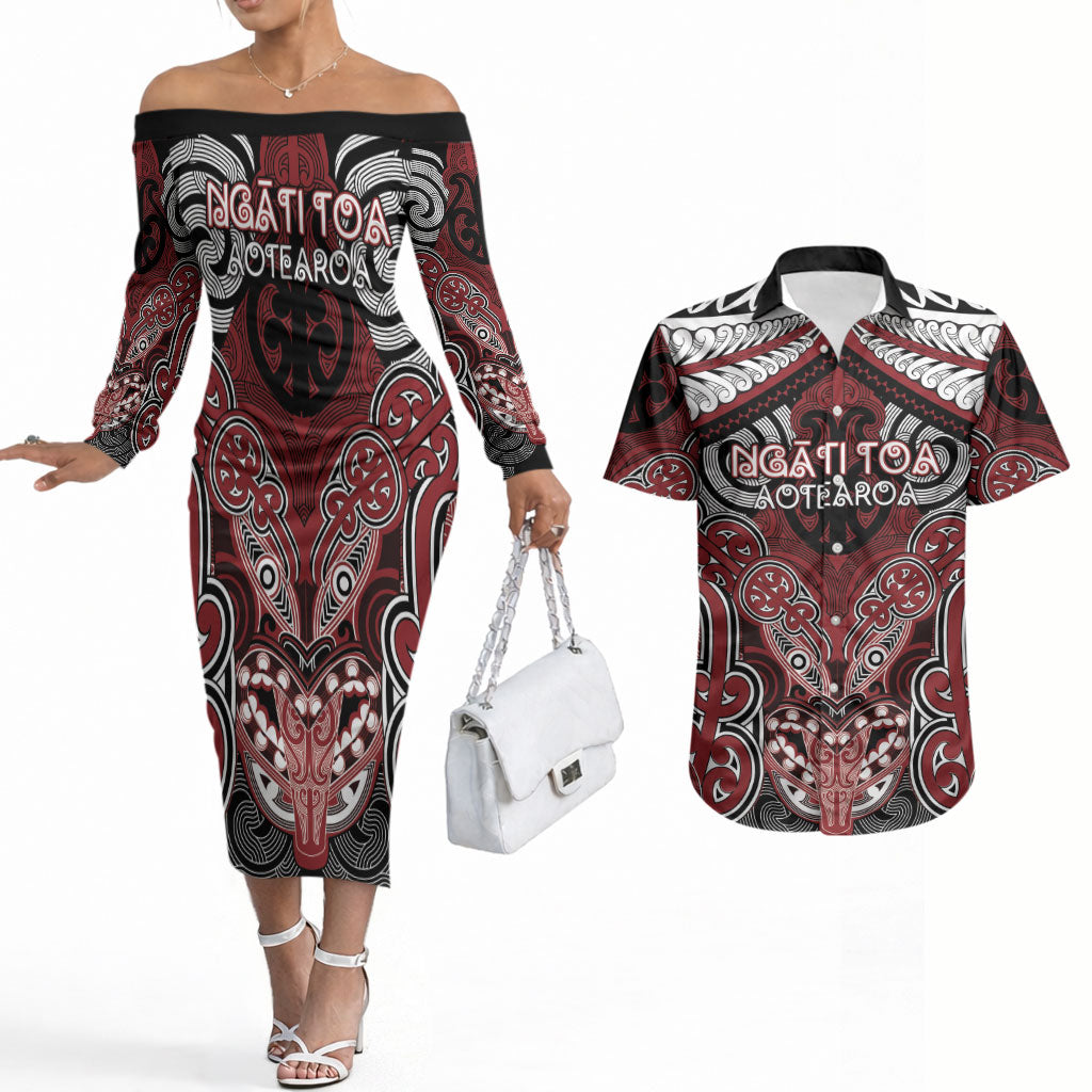 Aotearoa Iwi Ngati Toa Personalised Couples Matching Off The Shoulder Long Sleeve Dress and Hawaiian Shirt Maori Kowhaiwhai Pattern