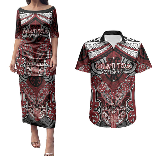 Aotearoa Iwi Ngati Toa Personalised Couples Matching Puletasi and Hawaiian Shirt Maori Kowhaiwhai Pattern