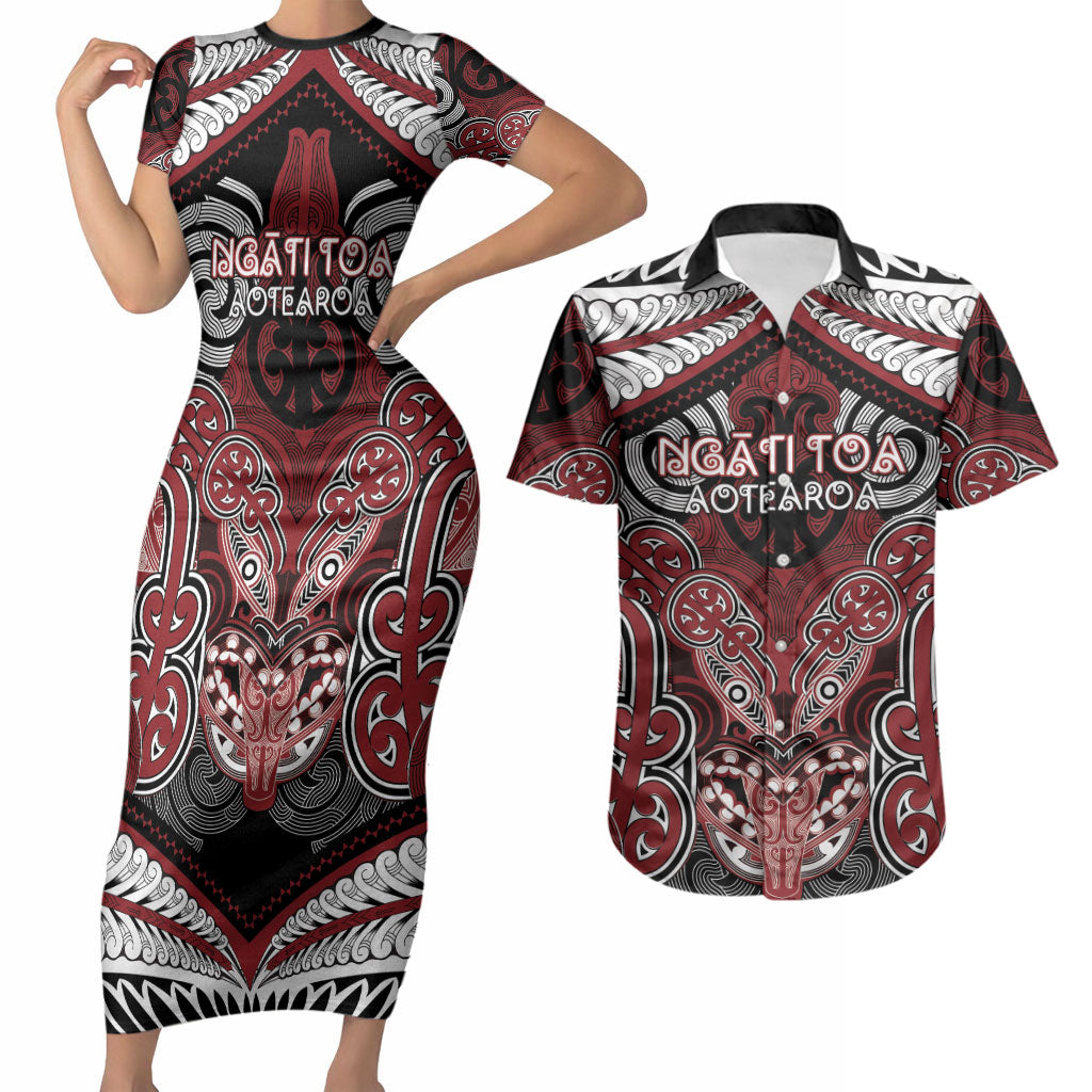 Aotearoa Iwi Ngati Toa Personalised Couples Matching Short Sleeve Bodycon Dress and Hawaiian Shirt Maori Kowhaiwhai Pattern