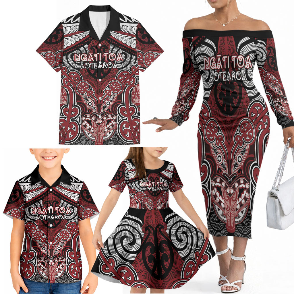 Aotearoa Iwi Ngati Toa Personalised Family Matching Off The Shoulder Long Sleeve Dress and Hawaiian Shirt Maori Kowhaiwhai Pattern