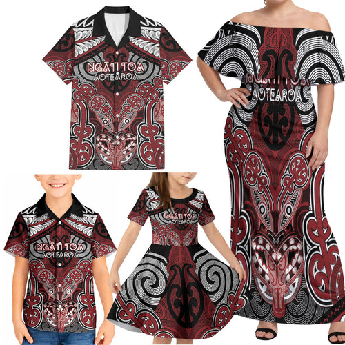 Aotearoa Iwi Ngati Toa Personalised Family Matching Off Shoulder Maxi Dress and Hawaiian Shirt Maori Kowhaiwhai Pattern
