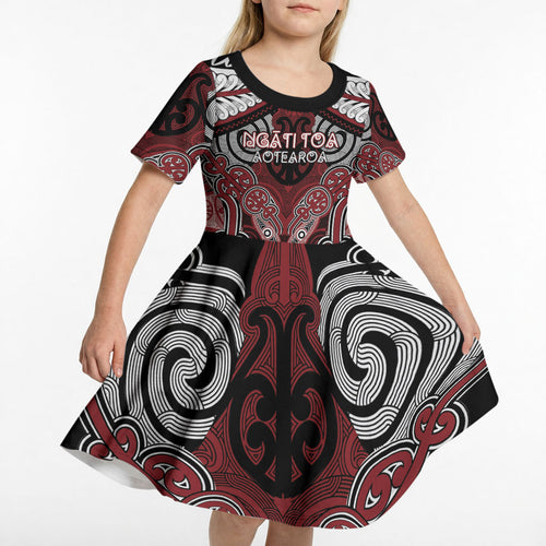 Aotearoa Iwi Ngati Toa Personalised Kid Short Sleeve Dress Maori Kowhaiwhai Pattern