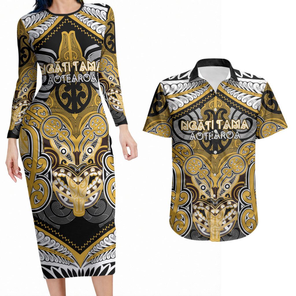 Aotearoa Iwi Ngati Tama Personalised Couples Matching Long Sleeve Bodycon Dress and Hawaiian Shirt Maori Kowhaiwhai Pattern