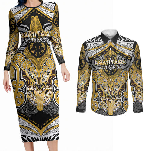 Aotearoa Iwi Ngati Tama Personalised Couples Matching Long Sleeve Bodycon Dress and Long Sleeve Button Shirt Maori Kowhaiwhai Pattern