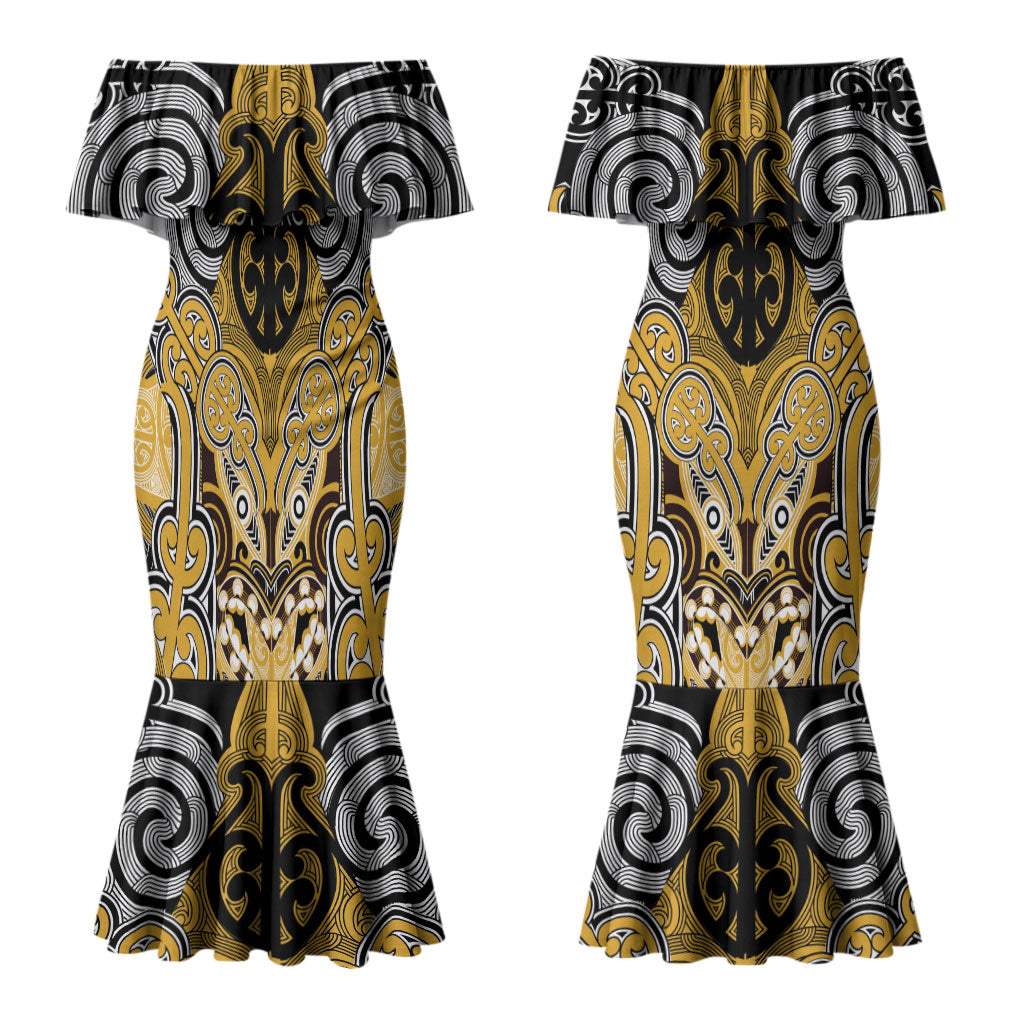 Aotearoa Iwi Ngati Tama Personalised Couples Matching Mermaid Dress and Long Sleeve Button Shirt Maori Kowhaiwhai Pattern