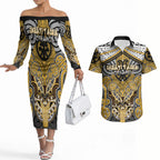 Aotearoa Iwi Ngati Tama Personalised Couples Matching Off The Shoulder Long Sleeve Dress and Hawaiian Shirt Maori Kowhaiwhai Pattern