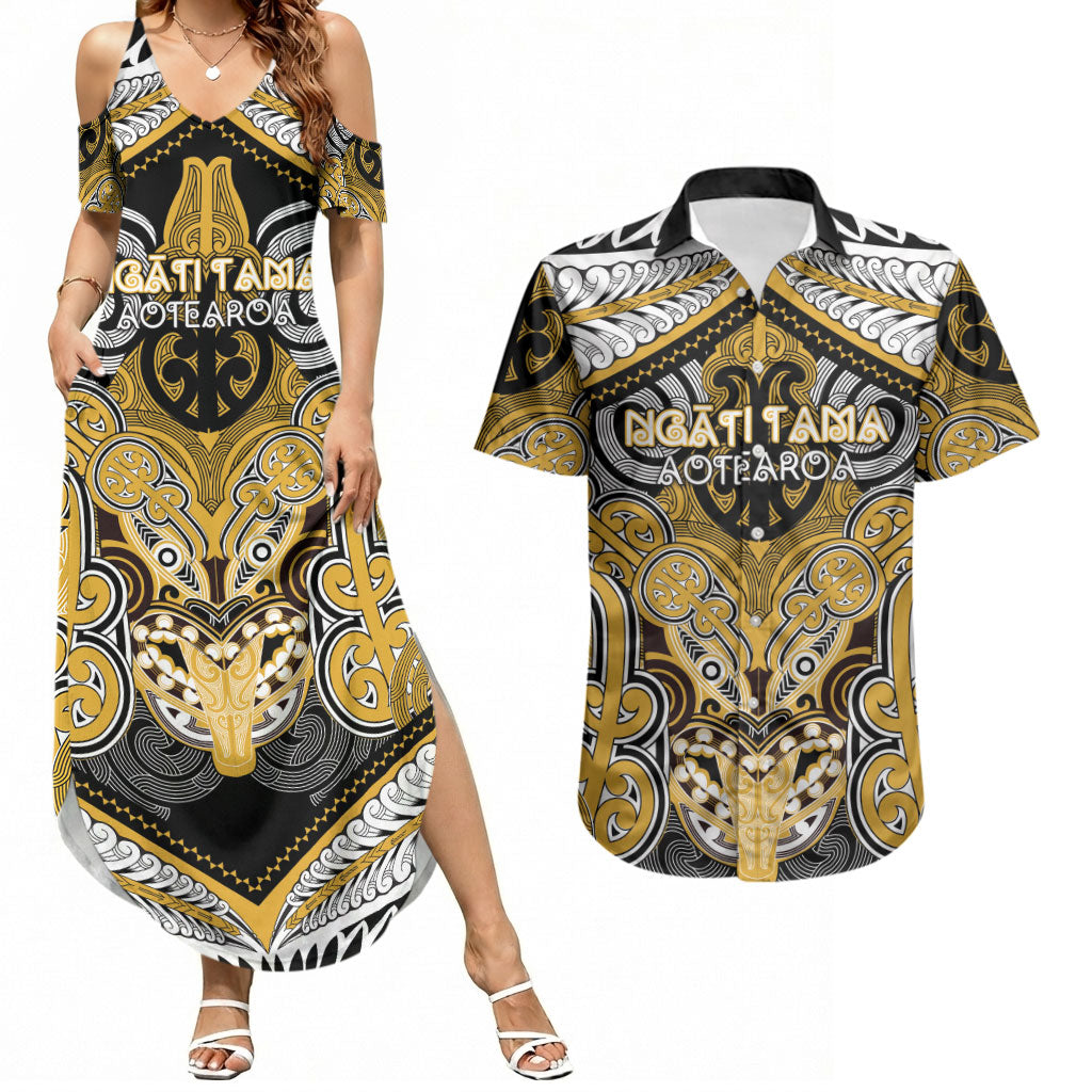 Aotearoa Iwi Ngati Tama Personalised Couples Matching Summer Maxi Dress and Hawaiian Shirt Maori Kowhaiwhai Pattern